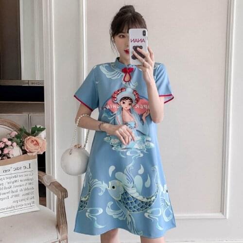 Blue Cotton Cheongsam National Style Printing Qipao Dress Sweet Summer Loose Chinese Traditional Dress Women Vestidos Plus Size