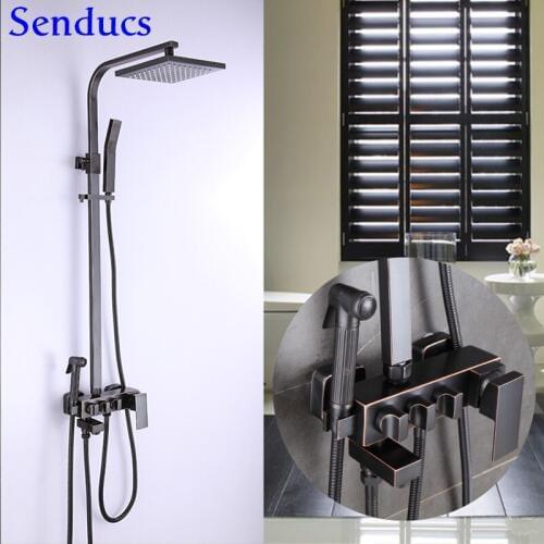 Senducs Black Shower Set Quality Brass Bathroom Shower Faucet 8 Inch Rainfall Top Shower Brass Bidet Quare Black Shower System