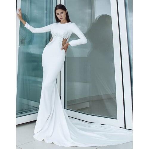 Custom Made Beading Appliques Sexy Backless See Through Satin Mermaid Wedding Dresses Long Sleeve China Shop Online