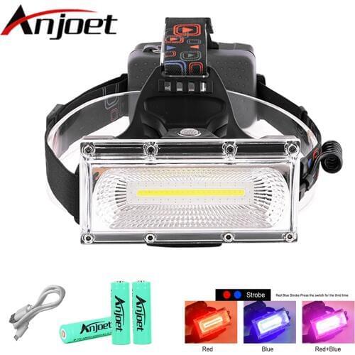 Anjoet USB Power COB LED Headlight Headlamp USB Rechargeable Head Lamp Torch 3-Mode 18650 Battery Waterproof Hunting Fishing
