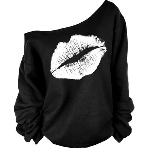 One shoulder Hoodies Winter Women Printed Big lips Fashion Thick Hoodie Pullover Sweatshirt Couple Women Cheap Loose Clothing