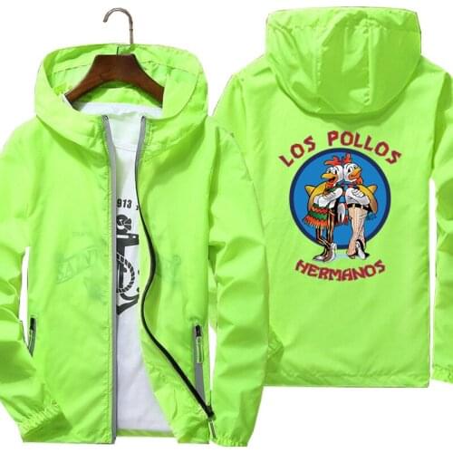 Mens Breaking Bad Los Pollos Hermanos Chicken Brothers Coats Thin Reflective Sunscreen Skin Hooded Windbreaker Jacket Oversized
