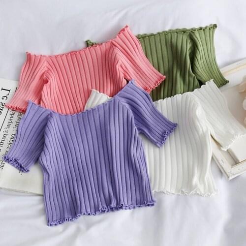 WWENN Off Shoulder Knitting Pullover Crop Tops Women Short Sleeve Stretchy Ruffles Hem T-shirts Thin Tops Women Slash Pull Femme
