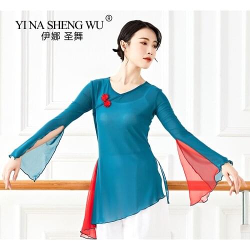 Women Classical Dance Clothese Stitching Color Shirt Light Weight Mesh Top Body Rhyme Modern Dance Practice Costume Plus Size