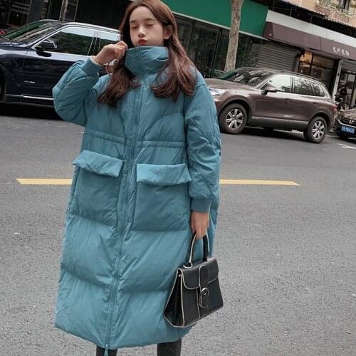 Padded Female Jacket Womens Jacket 2021 Winter New Style Peacock Blue Solid Color Korean Plus Long Loose Thick Fashion Warm