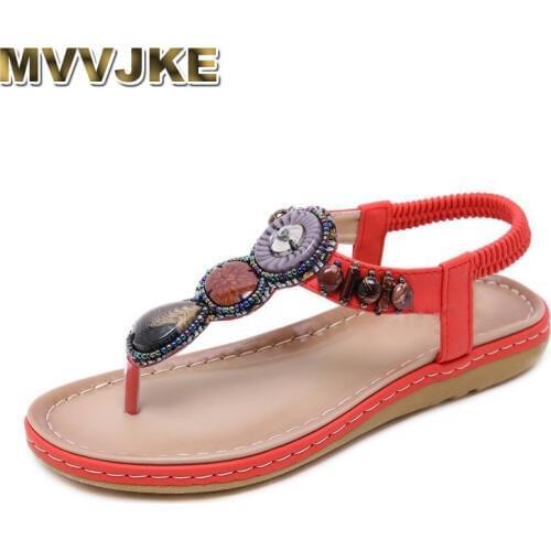 MVVJKE New Women Sandals Fashion Summer Women Shoes Bohemia Ethnic Style Casual String Bead Black Red Sandals Hot Sale
