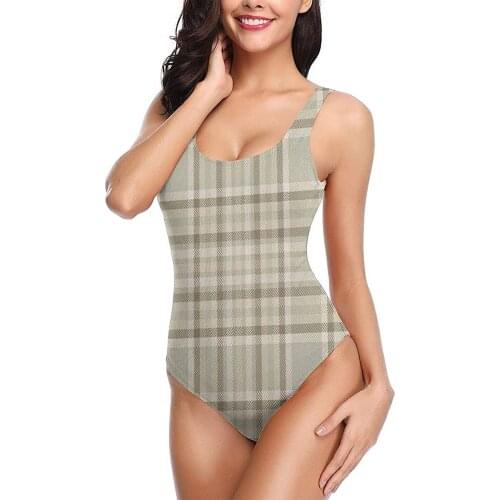 Womens One-Piece Bathing Suits Sexy Athletic Swimsuits Teen Girls Youth Cream Beige Buffalo Plaid Tartan