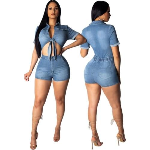 Womens European and American Jeans Hot Sales Sexy Fashion Cowboy Denim Shorts Lace-up Tops Casual Playsuits