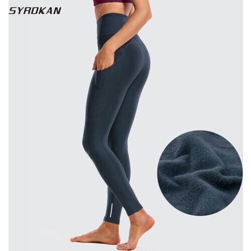 SYROKAN Thermal Fleece Lined Leggings Women High Waisted Winter Yoga Pants with Pockets-28 Inches