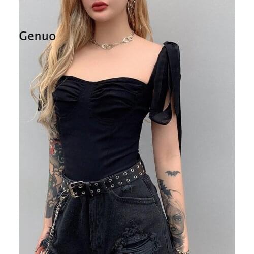 Bandage Womens Tank Top V-Neck Navel Sling Slim Vest European and American Female Off Shoulder Body Top Retro Camis