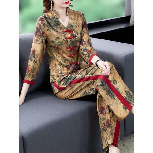2021 women hanfu retro elegant cheongsam tang suit traditional chinese style qipao tops+pants set oriental clothing set vestidos