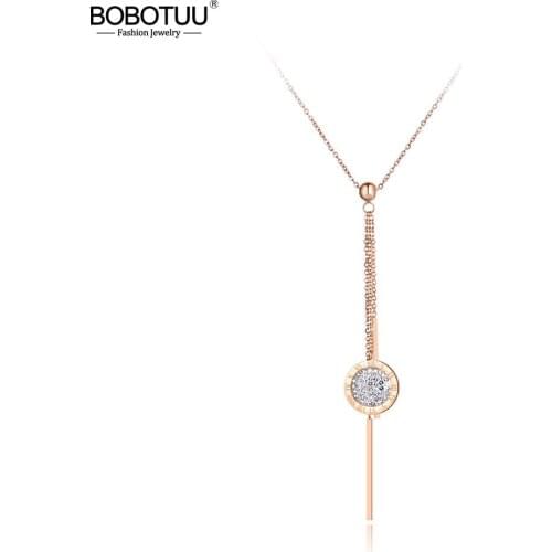 BOBOTUU Original Design Titanium Steel Roman Numeral Tassel Necklace Jewelry Rhinestone Pendant Chain Necklace For Women BN19076