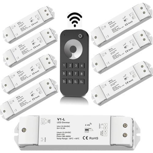 LED Strip Dimmer 12V 24V 15A PWM Wireless RF Switch ON OFF with 2.4G 8 Zones Dim Remote for 5050 3528 Single Color LED String