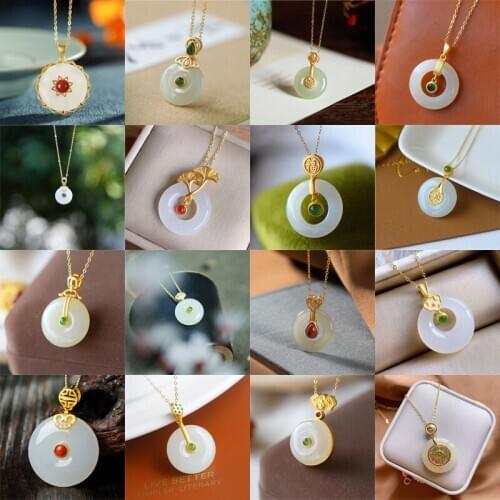 Natural Hetian jade Round Pendant Necklace Chinas Retro palace style ancient gold craft charm womens silver jewelry