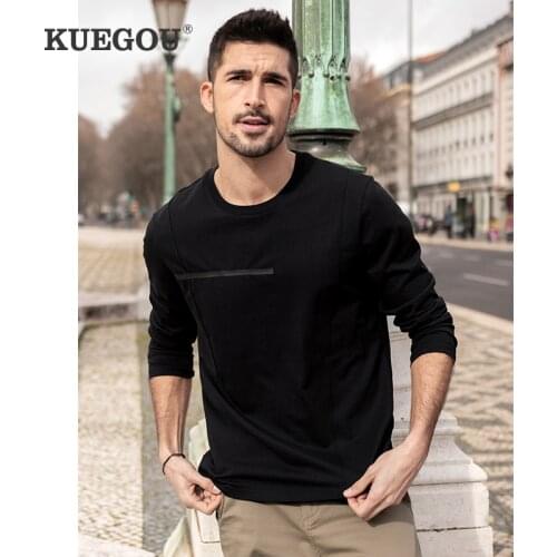 KUEGOU 2021 Autumn 100% Cotton Plain Black T Shirt Men Tshirt Brand T-shirt Long Sleeve Tee Shirt Male Plus Size Clothing 88032