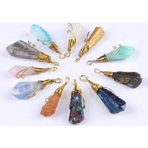 Hot Sale Handmade Gilded Copper Wire Wrapping Irregular Crystal Column Pendant Natural Crystal Stone Fashion Creative Jewelry