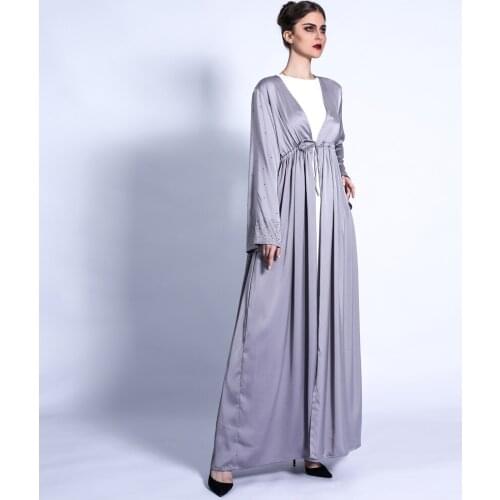 Summer Goregeous Satin Flare Sleeve With Rhinestone Drawstring Waist Open Abaya Hijab Dress Kimono Cardigan Muslim Women Fashion