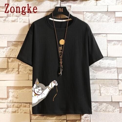 Zongke Cat Print Short Sleeve Mens T-Shirt Fashion Streetwear Hip Hop T Shirt For Men Tshirt 2021 Japanese Clothing Man M-5XL
