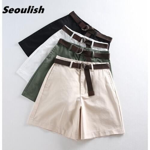 Casual Loose Womens Half Pant Sashes Summer Autumn 2020 New Solid Multi Color Wide Leg High Waist Cargo Pants Female Chic