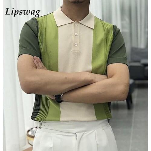 Vintage Pattern Print Patchwork Knit Polo Shirt Men Casual Button Lapel Pullover Summer Fashion Men Short Sleeve Slim Polo Shirt