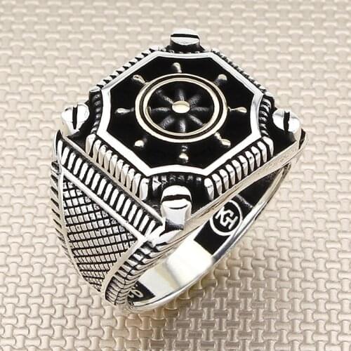 Sterling Silver Rudder Motif Ring Vintage Handmade Sailor Ring Captain Accessories For Men Made in Turkey