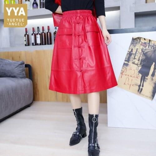 Chinese Style A-Line Skirts Women Streetwear Red Sheepskin Knee Length Skirts Designer High Waist Casual Mid Skirts Pockets