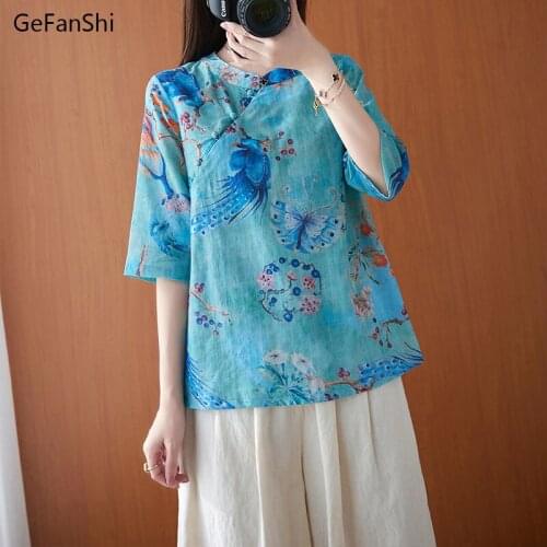 2021 Spring Summer Shirts Chinese Style Women Fashion Print Short Sleeve Cotton Linen Shirts Tops Female Clothing Casual Blouse