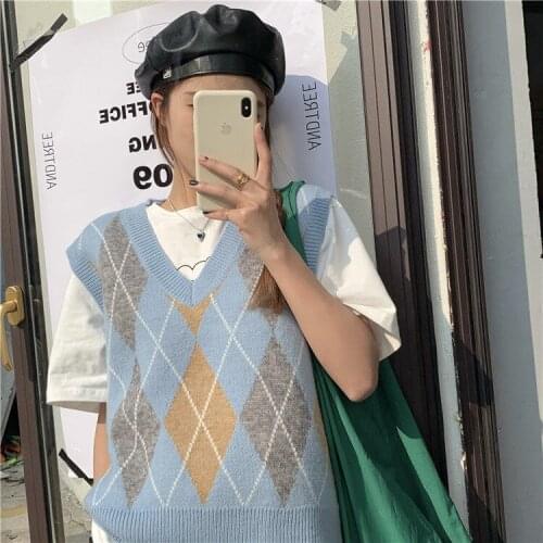 Korean Women Sweater Vest Knitting Vintage V Neck Sleeveless Pullovers Knitted Waistcoat Female Sweaters Jumper Top Unif