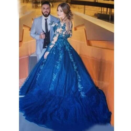 Women Lace Applique Sheer Neck Quinceanera Dresses Long Sleeves Sexy Buttons Back Sweet Prom Dresses Sweep ALine Evening gown