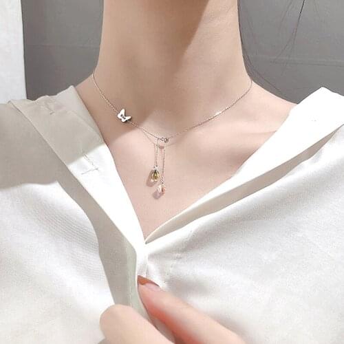Butterfly Crystal Adjustable 925 Sterling Silver Necklace For Women Girls Korean Fashion Clavicle Chain Jewelry Gifts SN2468