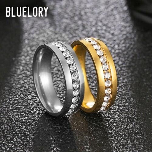 Bluelory 6mm Shining Crystals Wedding Rings Gold Stainless Steel Women Ring For Lovers Girlfriend Gift