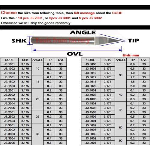 10Pcs 3.175mm Tungsten Bit V Shape Carbide PCB Engraving Bits CNC Router Tool Choose size J3.2501-3020 acrylic carving frezer