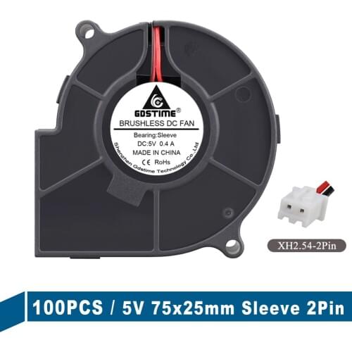 100Pcs Wholesale Gdstime 75x75x25mm 7525S DC 5V 2Pin Turbine Centrifuge Cooling Fan 75MM 25MM Cooler Blower Fan