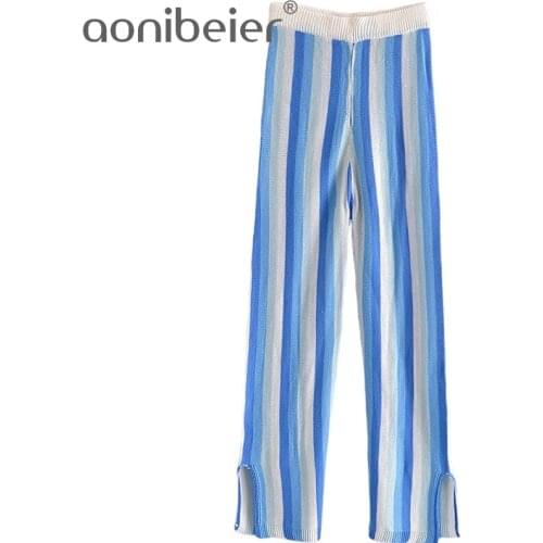 Aonibeier 2021 Za Autumn Woman Trousers Traf Blue Striped Elastic High Waist Vents Hem Female Casual Straight Knit Long Pants
