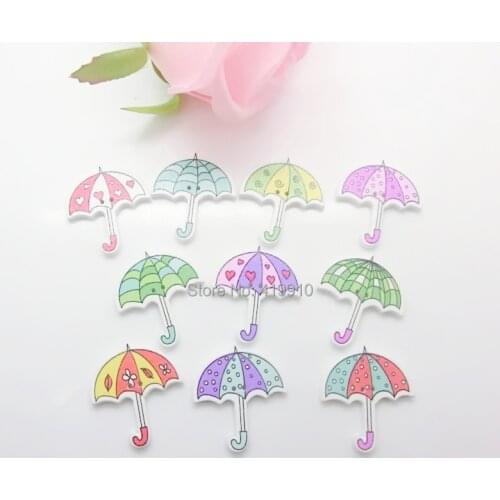 Free shipping -100pcs Mixed 2 Holes Cartoons Umbrella Pattern Back White Wood Sewing Buttons Scrapbooking 30mmx35mm J1446