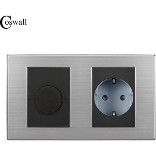 Coswall 16A EU Standard Wall Socket With Dimmer Regulator Light Switch Stainless Steel Panel 160*86mm