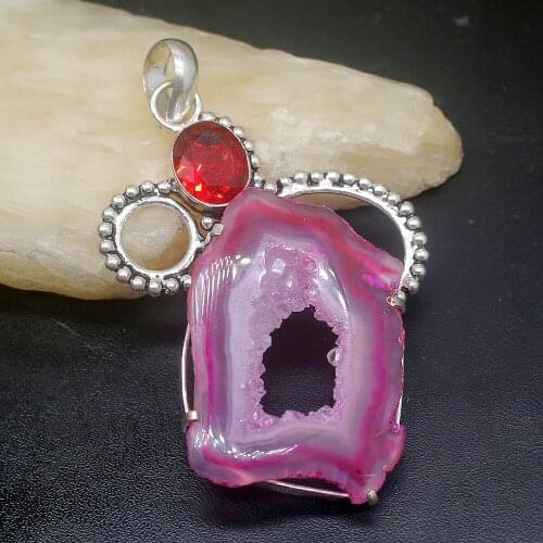 Gemstonefactory Jewelry Big Promotion 925 Silver Natural Druzy Agate Blood Red Garnet Women Ladies Gifts Necklace Pendant 0638