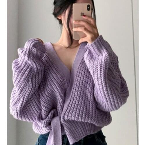 GUUZYUVIZ Casual Cardigan Mujer 2021 Autumn Winter V-neck Bandage Knitted Sweater Women Korean Style Harajuk Cardigan Tops Femme