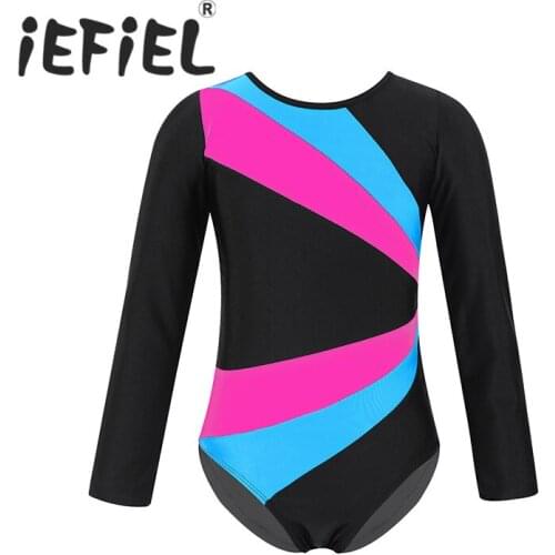 Kids Girls Long Sleeves Color Block Cutout Back Ballet Dance Gymnastics Leotard Jumpsuit for Ballet Dance Stage Performance