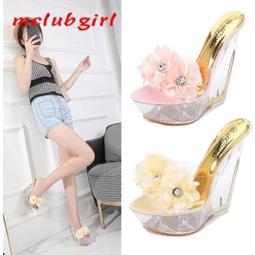 Mclubgirl 2021 Flower Thick Bottom Super High Heels Slippers Transparent Special Crystal Shoes Waterproof Platform Slope Heels