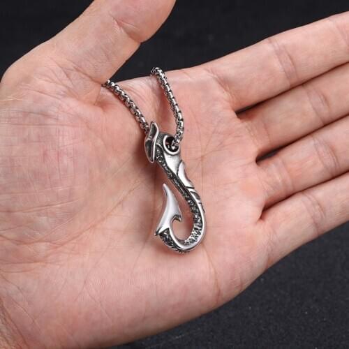 Mens Necklaces Pendant Jewelry Vintage Viking Stainless Steel Fish Hook Shape Pendant Necklace Punk Jewelry Gift BB0872