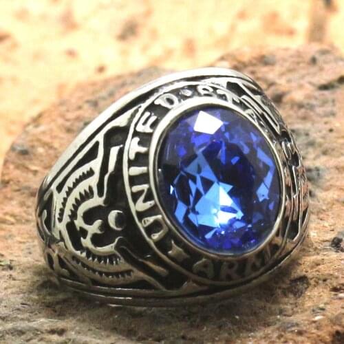 Men Boy 316L Stainless Steel Cool United States Army Blue Stone Classic Ring