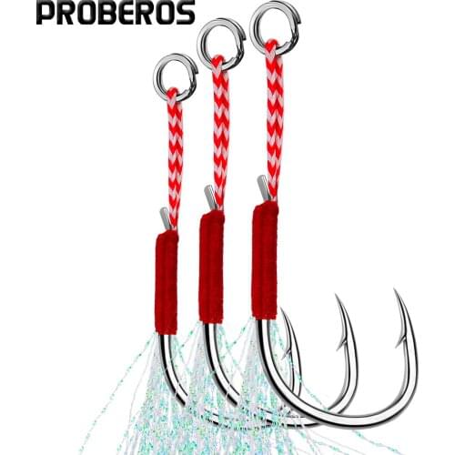 PROBEROS 50PCS Metal Jig Assist Hooks 11-20# With PE Line Feather Solid Ring Jigging Tail Fishhook for Lure Fishing Hooks