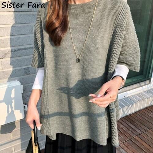Sister Fara Autumn Oversized O-neck Casual Women Knitted Pullovers Short Sleeve Side Split Ladies Solid Sweaters Jumpers Spring