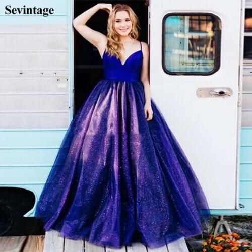 Sevintage Glitter Tulle Long Prom Dresses Princess Satin Corest Evening Gowns Cheap Shinny Formal Woman Party Dress 2020