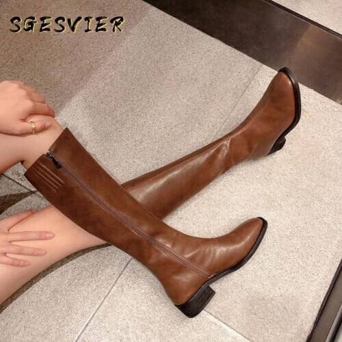 SGESVIER Concise Genuine Leather High Heels Women Vintage Knee High Boots Party Prom Shoes Woman Winter Side Zipper Long Boots