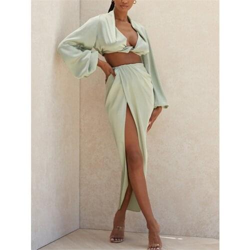 Thorn Tree Sexy Summer Autumn Outfits Set Fashion Elegant Women Puff Long Sleeve V-neck Shirts Crop Tops High Split Long Skirts