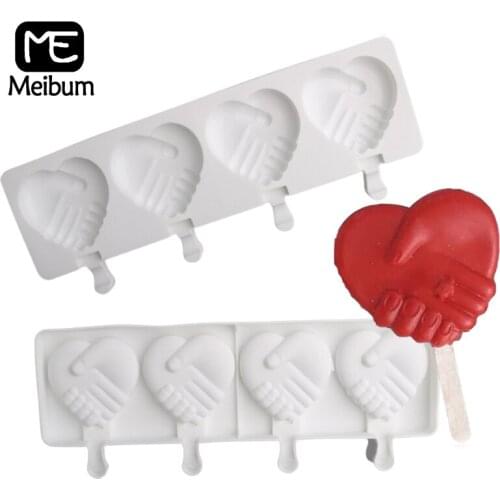 Meibum 4 Cavity Heart Design Silicone Popsicle Moulds Ice Cream Molds Summer Freezer Juice Tools Ice Cube Tray and 50 Pcs Sticks