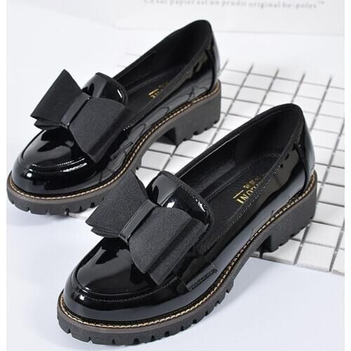 British preppy style patent leather shoes girls bow-knot decorate flat creepers women shallow slip on espadrilles mujer size 42