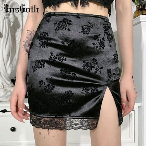 InsGoth Vintage Lace Black Skirt Goth Aesthetic High Waist Mini Skirts Women Elegant Sexy Slit Gothic Skirts Party Club Wear
